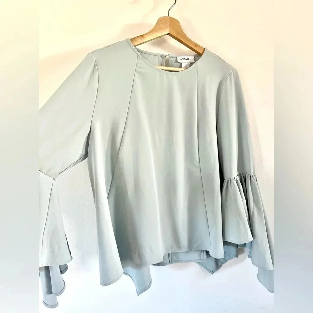 Carmen Marc Valvo Blue Long Flowy Bell Sleeve Haven Blouse Size Medium - Picture 2 of 10